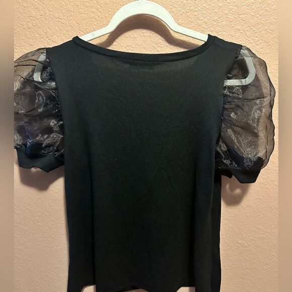 Retrology black top with mesh balloon sleeves and gems on chest - Picture 2 of 7